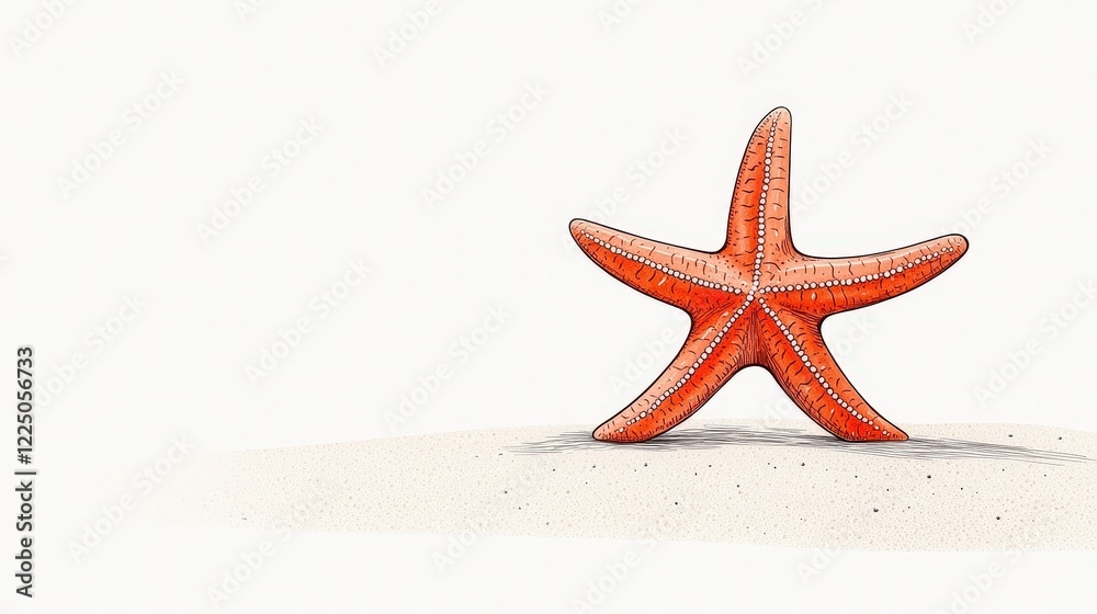 Vibrant Red Starfish Sitting on Sandy Beach with Minimalist Background and Soft Shadows Vibrant Red Starfish Sitting on Sandy Beach with Minimalist Background and Soft Shadows