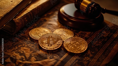 Bitcoin coins on wooden table with gavel and antique book