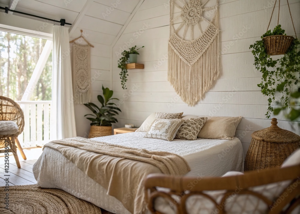 Fototapeta premium Whimsical Boho Bedroom: White & Beige Interior Design, Tilt-Shift Photography