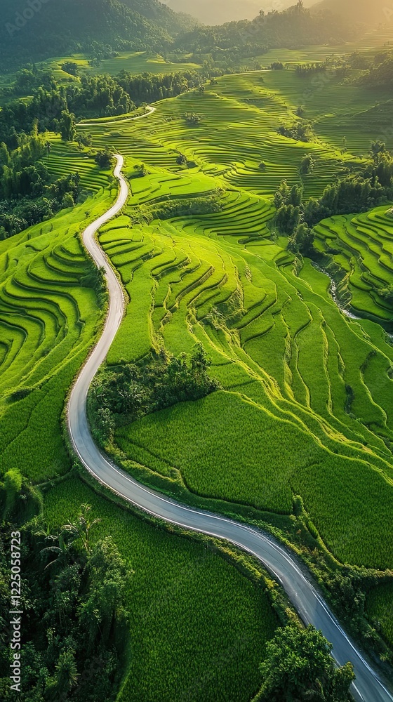 Serene Terraced Rice Paddies and Winding Road - A Breathtaking Landscape Serene Terraced Rice Paddies and Winding Road - A Breathtaking Landscape