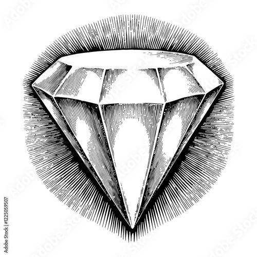Diamond Gemstone with Sunburst Glow Effect in Black and White Outline Line Art Drawing