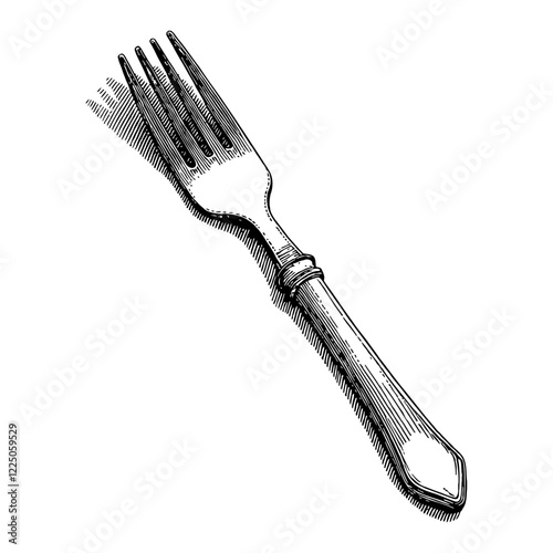 Detailed Vintage Fork Isolated Black and White Outline Line Art Drawing With Shadow