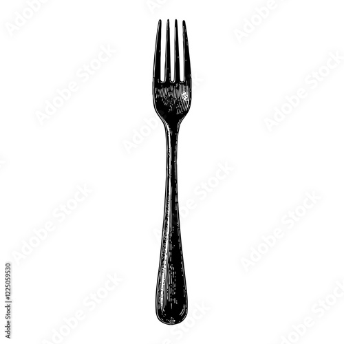 Single Fork Utensil in Detailed Black and White Outline Line Art Drawing Isolated on White