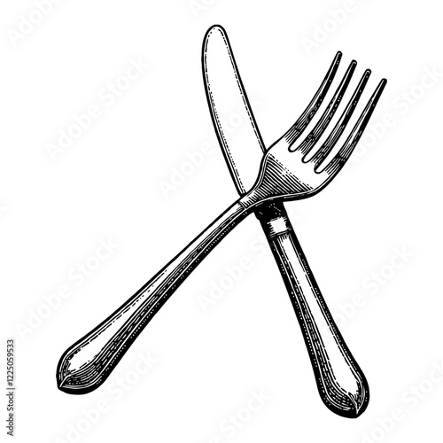 Crossed Fork and Knife Detailed Black and White Outline Line Art Drawing Utensils