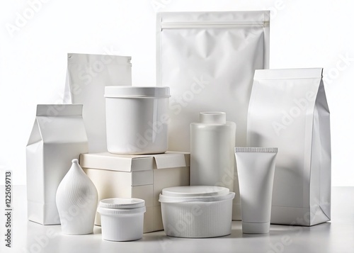 White Food Packaging Mockup: Collection of Blank Boxes, Bags & Jars on White Background
