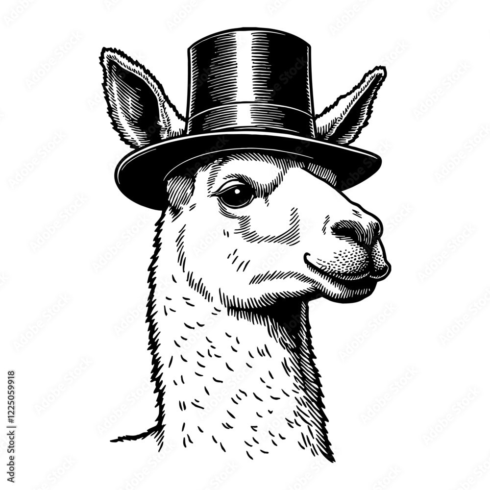 Fototapeta premium Llama Wearing Top Hat Detailed Head Portrait Black and White Outline Line Art Drawing