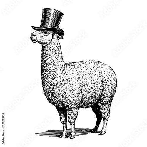 A Llama Wearing Top Hat in Detailed Black and White Outline Line Art Drawing Isolated