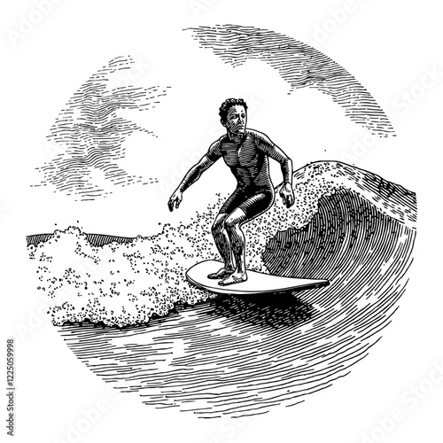 Man Surfing on Sea Wave in Detailed Black and White Outline Line Art Drawing Style