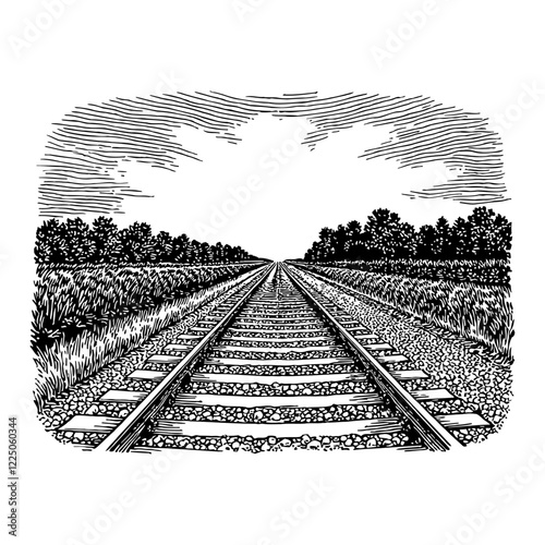 Railway Tracks View with Trees and Sky Detailed Black and White Outline Line Art Drawing