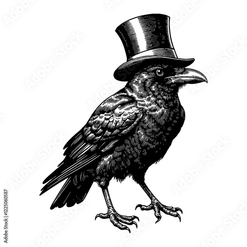 Raven Crow Wearing Top Hat in Detailed Black and White Outline Line Art Drawing