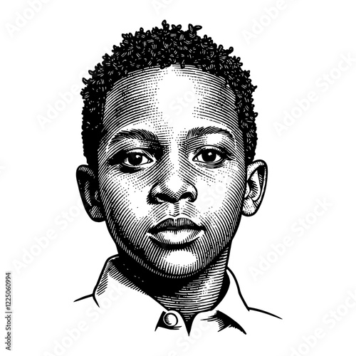 Portrait of African Boy Front View Detailed Black and White Outline Line Art Drawing