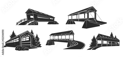 Covered bridge wooden built structure at forest and mountain minimalist set isometric vector