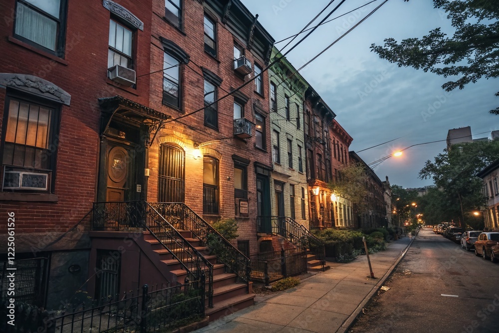 Fototapeta premium Williamsburg Brooklyn: Colorful Old Brick Apartments at Dusk - Low Light Photography