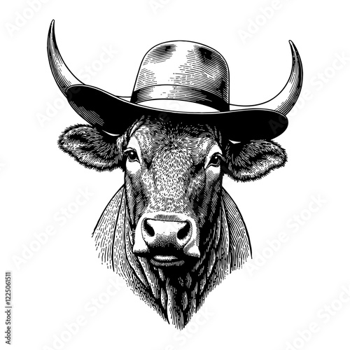 Bull Wearing Cowboy Hat Front View Detailed Black and White Outline Line Art Drawing