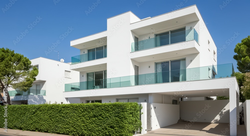 Obraz premium A stunning all-white modern villa with bold angular architecture and a clean aesthetic and home features wrap-around glass balconies