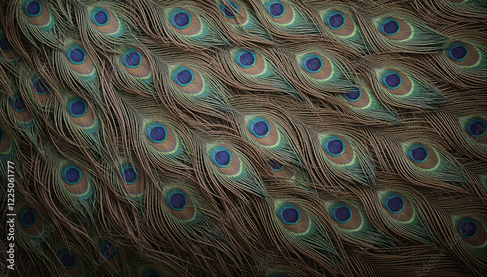 Obraz premium Many iridescent peacock feathers create beautiful overlapping patterns.