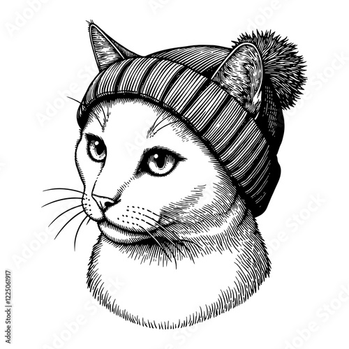 Cat Wearing Beanie Hat Detailed Black and White Outline Line Art Drawing Isolated Object