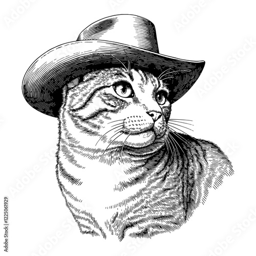 Cat Wearing Cowboy Hat Detailed Black and White Outline Line Art Drawing looking right side