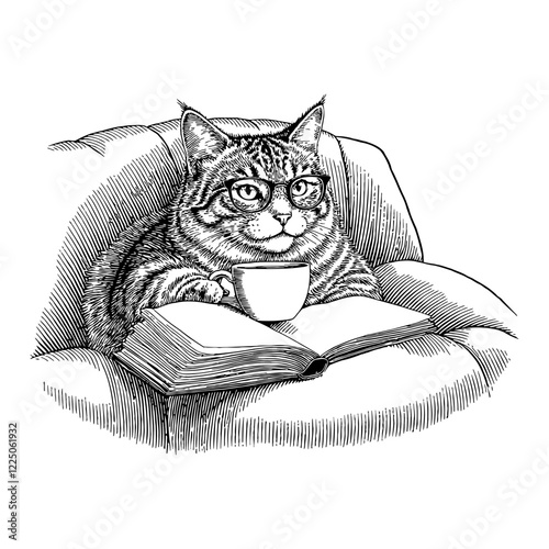 Cat with Glasses Reading a Book and Drinking Coffee Detailed Black and White Outline Line Art Drawing