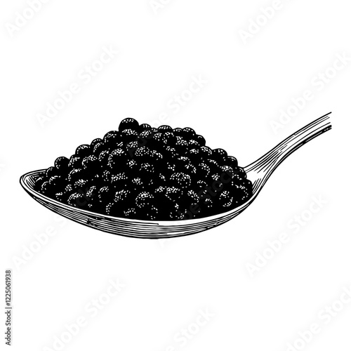Caviar on Spoon Top View Detailed Black and White Outline Line Art Drawing