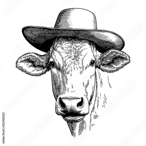 Cow Wearing Cowboy Hat Detailed Black and White Outline Line Art Drawing Isolated on White Background