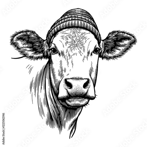 Cow Wearing Beanie Hat Front View in Detailed Black and White Outline Line Art Drawing