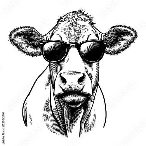 Cool Cow with Sunglasses in Detailed Black and White Outline Line Art Drawing Style