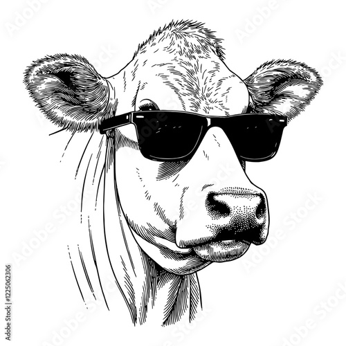Cool Cow with Sunglasses Detailed Black and White Outline Line Art Drawing Isolated Vector