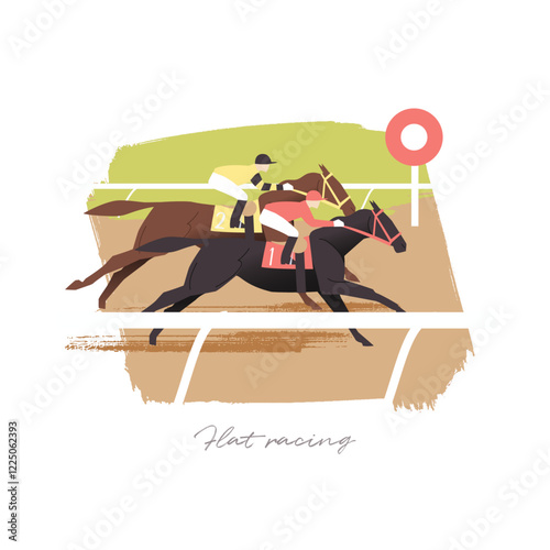 Flat race vector illustration, two horses competing on a race track