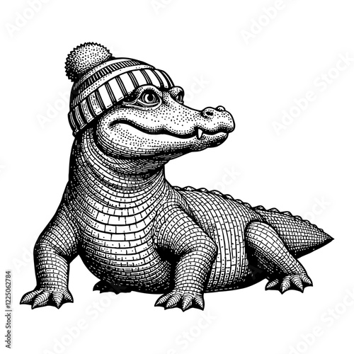 Crocodile Wearing Beanie Detailed Black and White Outline Line Art Drawing of an Alligator