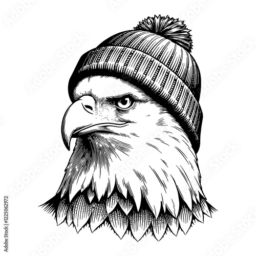 Bald Eagle Head with Beanie Hat Detailed Black and White Outline Line Art Drawing