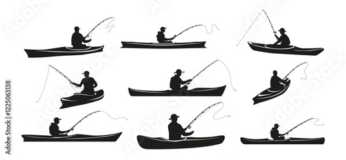 Kayak fishing man fisher catch fish black silhouette icon set vector flat illustration