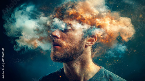 Toxic fumes engulfing man's head, brain fog concept photo