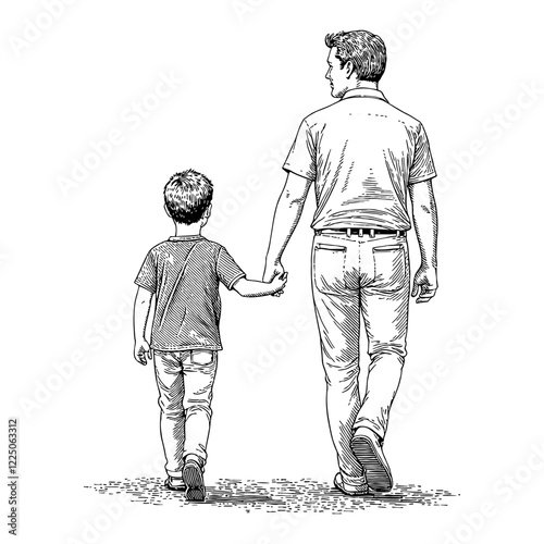 Father and Son Walking Holding Hands from Behind Detailed Black and White Outline Line Art Drawing