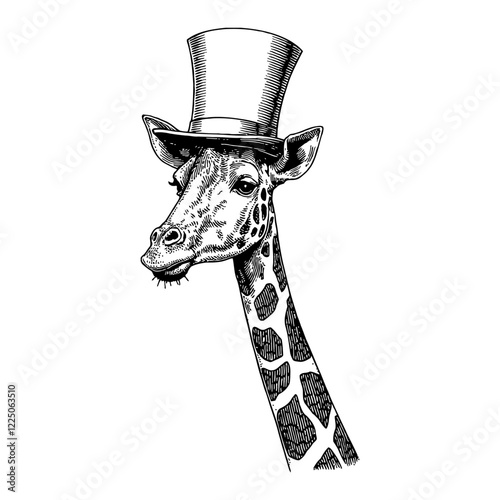 Giraffe Wearing Top Hat Detailed Black and White Outline Line Art Drawing Animal Illustration