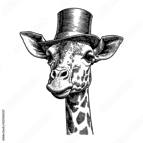 Giraffe Wearing Top Hat Detailed Black and White Outline Line Art Drawing Style Illustration