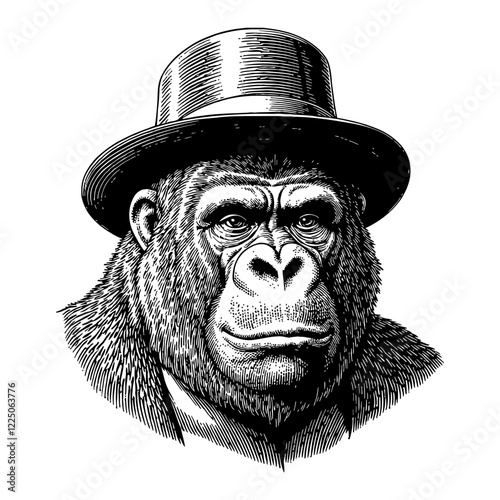 Gorilla Wearing Top Hat Black and White Outline Line Art Drawing Detailed Engraving Illustration