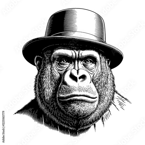 Portrait of Gorilla Wearing Top Hat Detailed Black and White Outline Line Art Drawing