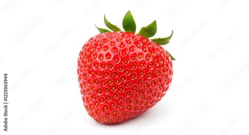 Single Fresh Red Strawberry with Green Stem on White Background Single Fresh Red Strawberry with Green Stem on White Background