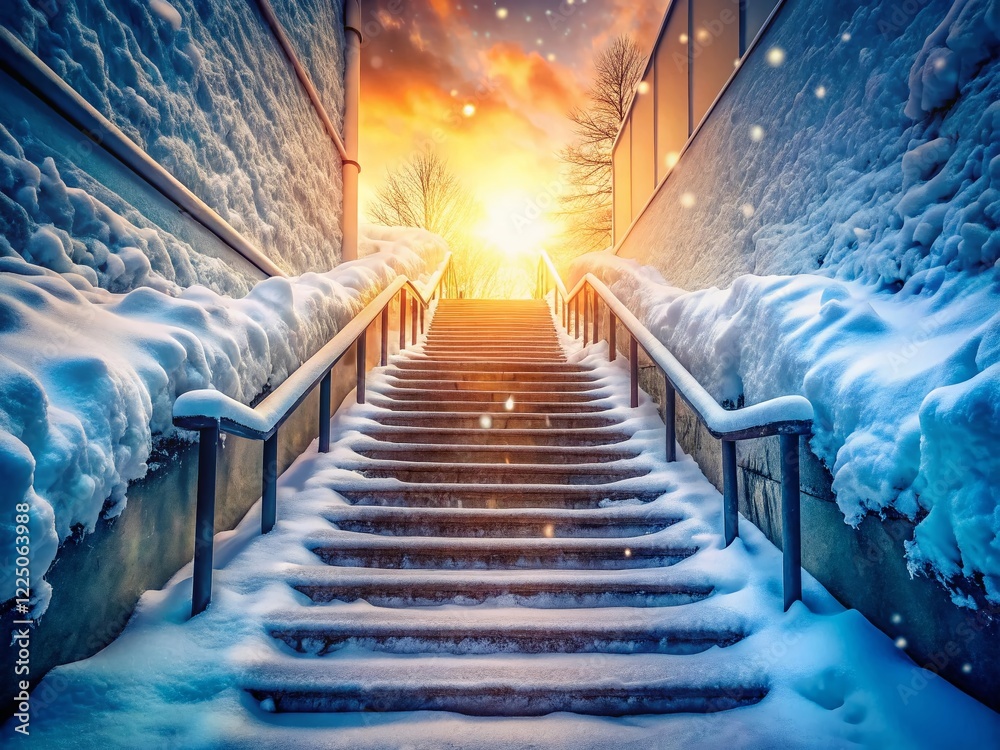 Fototapeta premium Winter Wonderland Staircase: Snow Covered Steps Leading Upwards