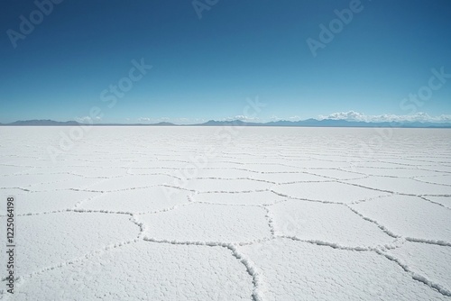 Vast expanse of a salt flat under a clear blue sky with distant mountains in the background