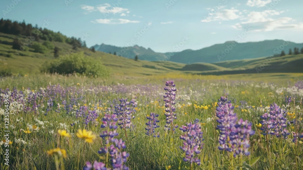 Fototapeta premium A meadow filled with wildflowers swaying in the wind under a sunny sky.