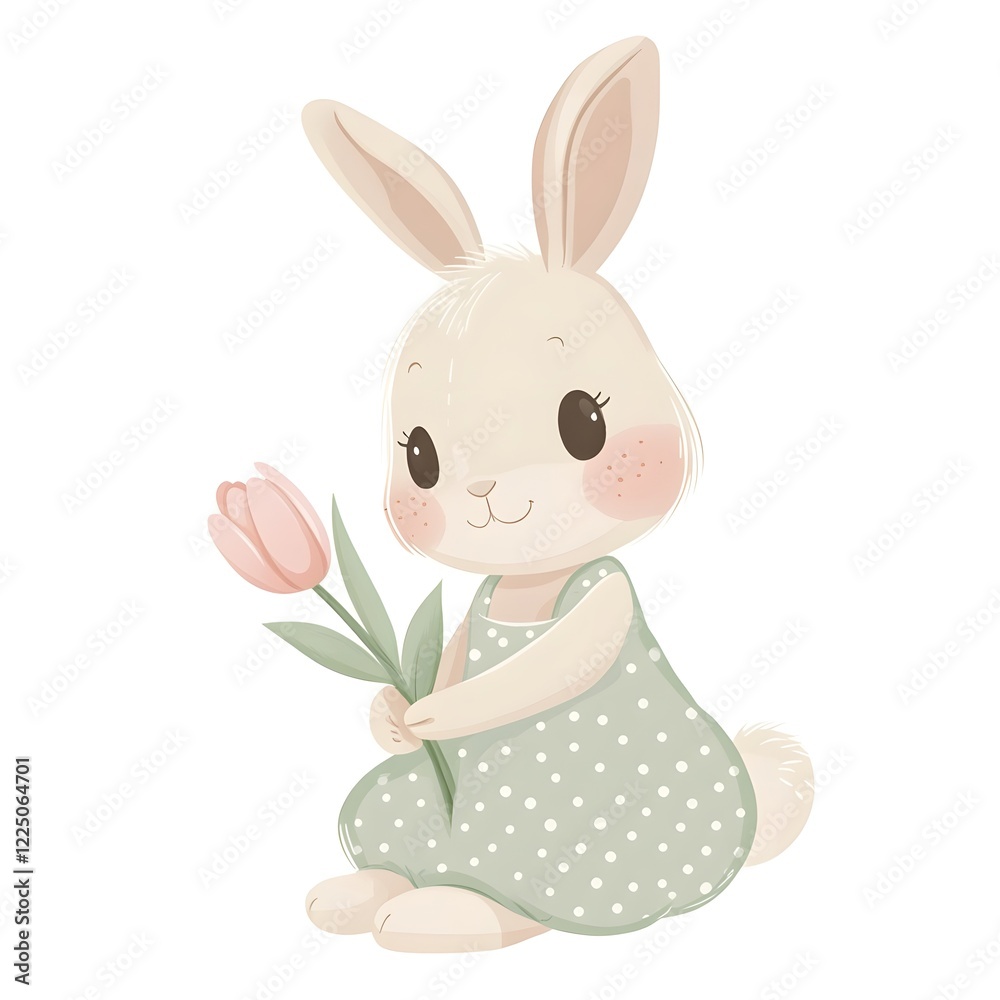 Fototapeta premium Cute Flat Vector Bunny Holding Pink Tulip – Minimalist Illustration in Green Polka Dot Dress on White Background