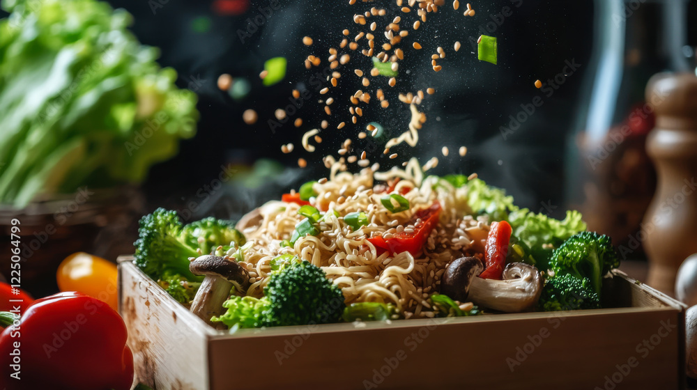 Delicious stir-fried noodles with fresh vegetables and sesame seeds in a cozy kitchen Delicious stir-fried noodles with fresh vegetables and sesame seeds in a cozy kitchen