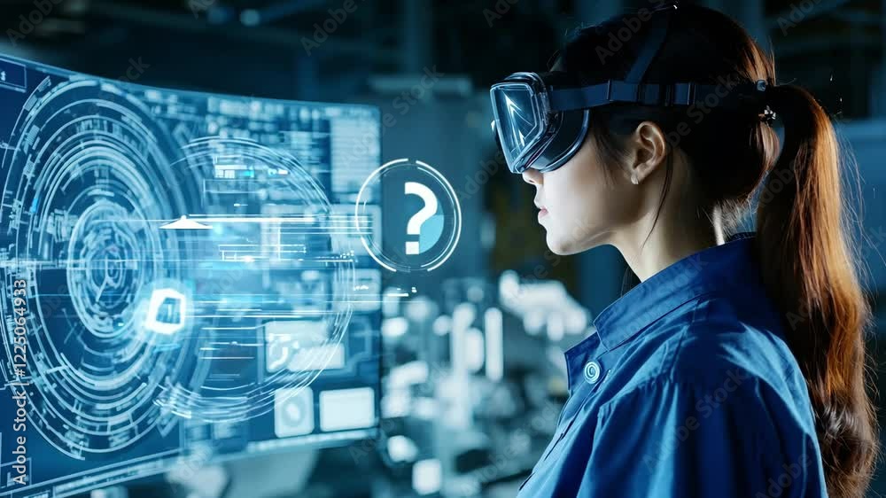 A woman in vr glasses engages with advanced virtual reality tools, analyzing intricate data displays in a cutting edge research facility at night A woman in vr glasses engages with advanced virtual reality tools, analyzing intricate data displays in a cutting edge research facility at night