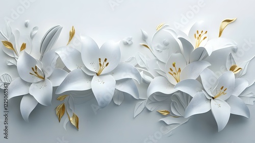 Wallpaper Mural Delicate white lilies are beautifully arranged with golden accents on a soft, neutral background. This artistic composition adds a touch of elegance and sophistication to any setting. Torontodigital.ca