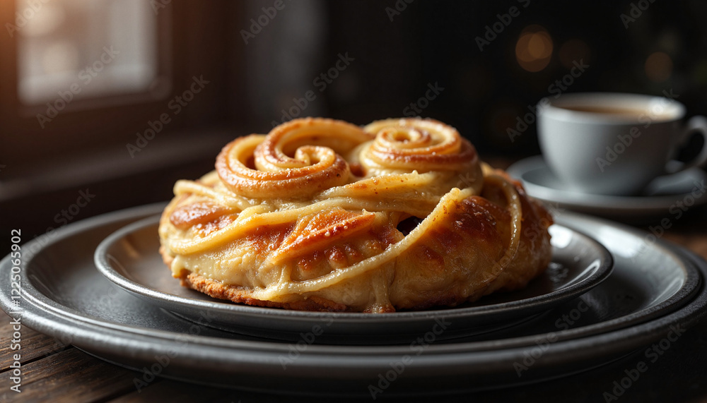 Danish pastry on silver platter in cozy cafe, culinary delight