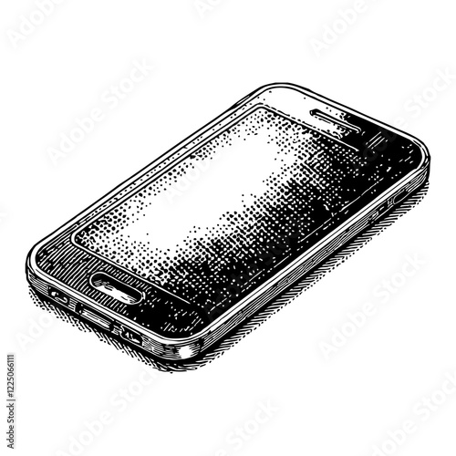 Smart Phone Detailed View in Isometric Black and White Outline Line Art Drawing