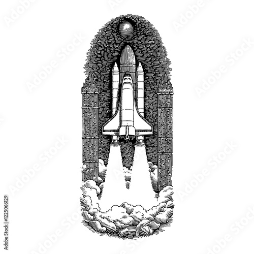 Space Shuttle Rocket Launching with Flames Detailed Black and White Outline Line Art Drawing