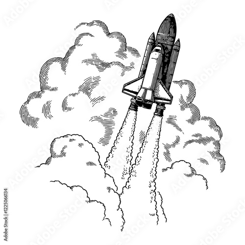 Space Shuttle Rocket Launch with Smoke Detailed Black and White Outline Line Art Drawing